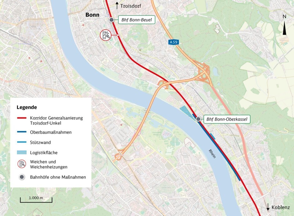 Maßnahmen der Generalsanierung Rechter Rhein im südlichen Bonn Im Rahmen der Generalsanierung werden unter anderem Weichen ausgetauscht und der Oberbau erneuert. Das Ausbauprojekt S13 baut weiterhin an dem Großteil der Strecke.
